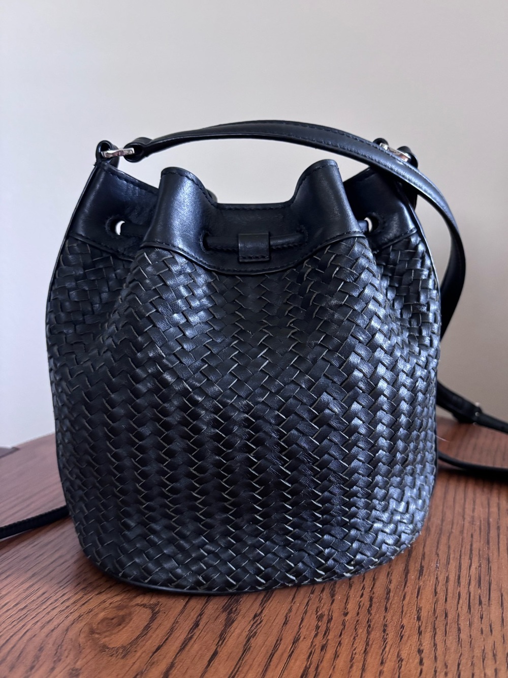 Ralph Lauren Woven Leather Drawstring Bucket Bag - Picture 6 of 13
